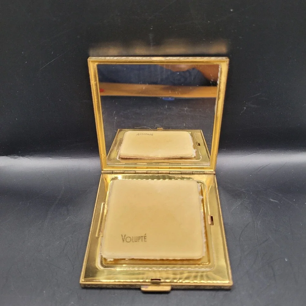Vtg Volupte Compact Persian Brass Tiger Crane Phoenix Birds Enamel Deco Retro